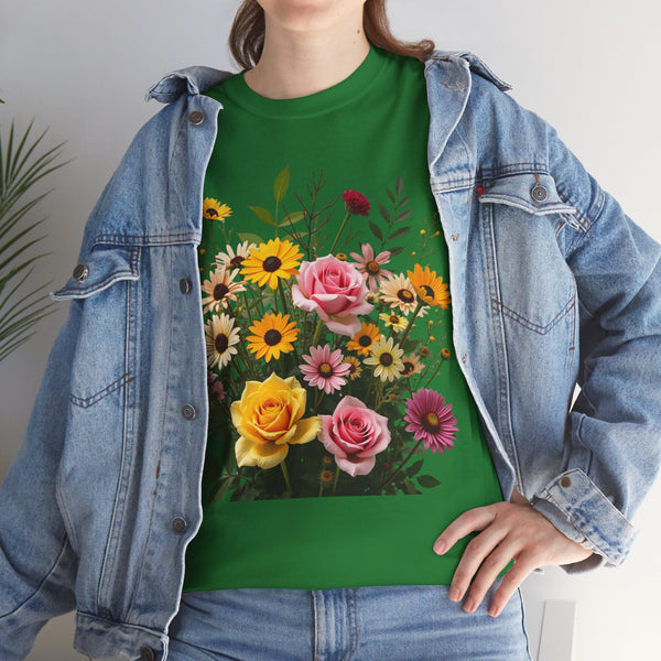 Wildflowers and Pink & Yellow Roses, Graphic T-Shirts for Women, Floral Shirt, Womens Short Sleeve, Ladies Graphic Tees #5150TTS