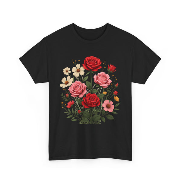 Wildflowers and Pink & Red Roses, Graphic T-Shirts for Women, Floral Shirt, Womens Short Sleeve, Ladies Graphic Tees #5134TTS