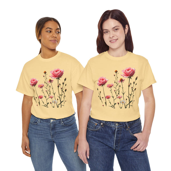 Wildflowers and Pink Roses, Graphic T-Shirts for Women, Floral Shirt, Womens Short Sleeve, Ladies Graphic Tees #5018TTS