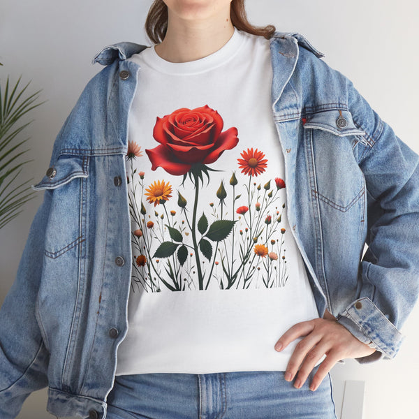 Wildflowers and a Red Rose, Graphic T-Shirts for Women, Floral Shirt, Womens Short Sleeve, Ladies Graphic Tees #5007TTS