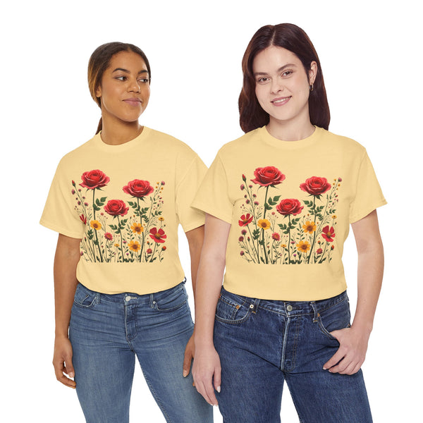 Wildflowers and Red Roses, Graphic T-Shirts for Women, Floral Shirt, Womens Short Sleeve, Ladies Graphic Tees #5034TTS