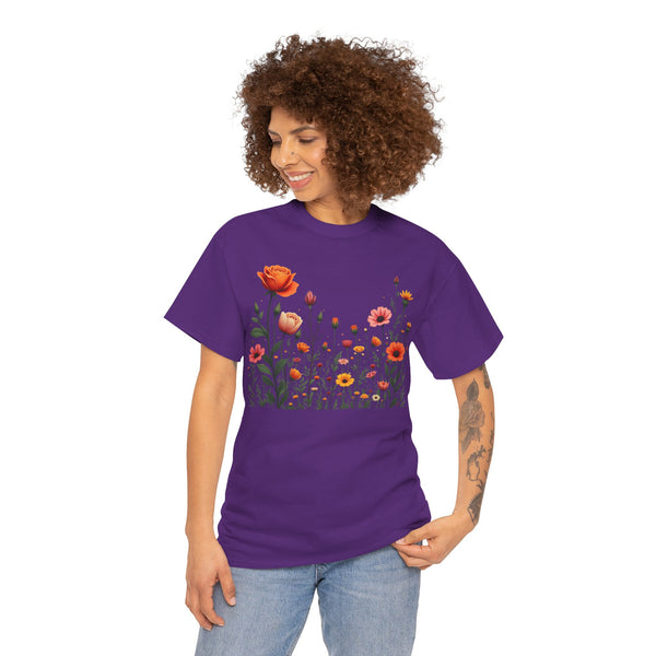 Wildflowers and Orange Roses, Graphic T-Shirts for Women, Floral Shirt, Womens Short Sleeve, Ladies Graphic Tees #5042TTS