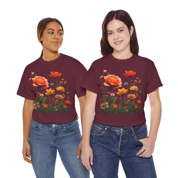 Wildflowers and Orange Roses, Graphic T-Shirts for Women, Floral Shirt, Womens Short Sleeve, Ladies Graphic Tees #5044TTS