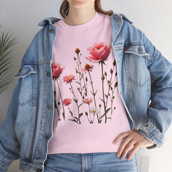 Wildflowers and Pink Roses, Graphic T-Shirts for Women, Floral Shirt, Womens Short Sleeve, Ladies Graphic Tees #5018TTS
