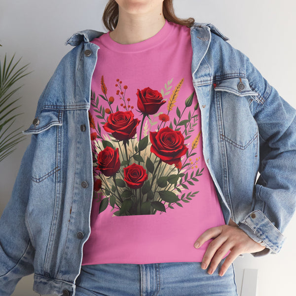 Wildflowers and Red Roses, Graphic T-Shirts for Women, Floral Shirt, Womens Short Sleeve, Ladies Graphic Tees #5129TTS
