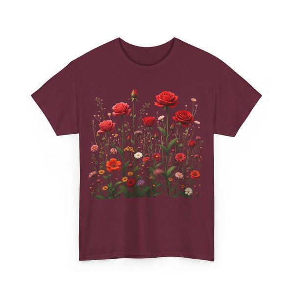 Wildflowers and Red Roses, Graphic T-Shirts for Women, Floral Shirt, Womens Short Sleeve, Ladies Graphic Tees #5035TTS