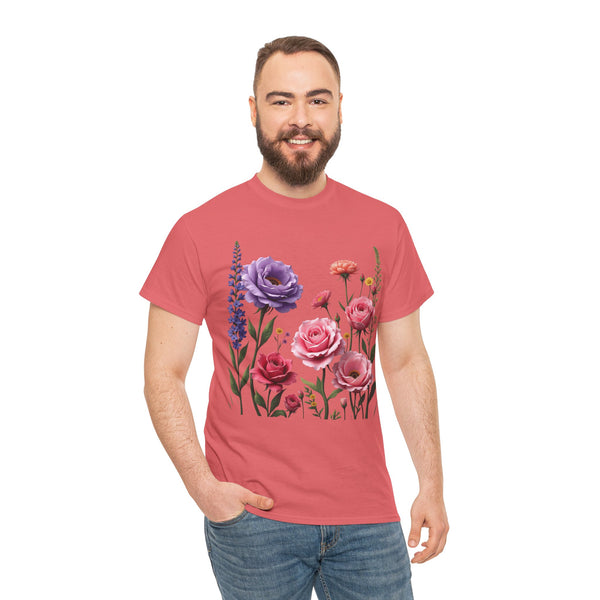 Wildflowers and Pink/Violet Roses, Graphic T-Shirts for Women, Floral Shirt, Womens Short Sleeve, Ladies Graphic Tees #5100TTS