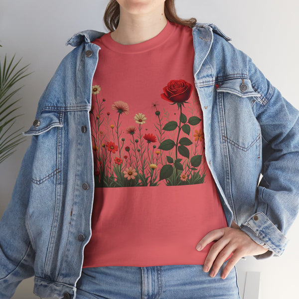 Wildflowers and a Red Rose, Graphic T-Shirts for Women, Floral Shirt, Womens Short Sleeve, Ladies Graphic Tees #5008TTS