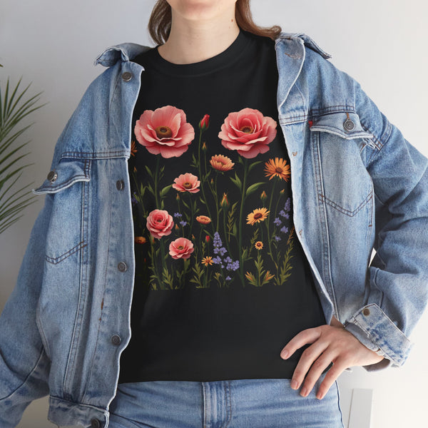 Wildflowers and Pink Roses, Graphic T-Shirts for Women, Floral Shirt, Womens Short Sleeve, Ladies Graphic Tees #5015TTS