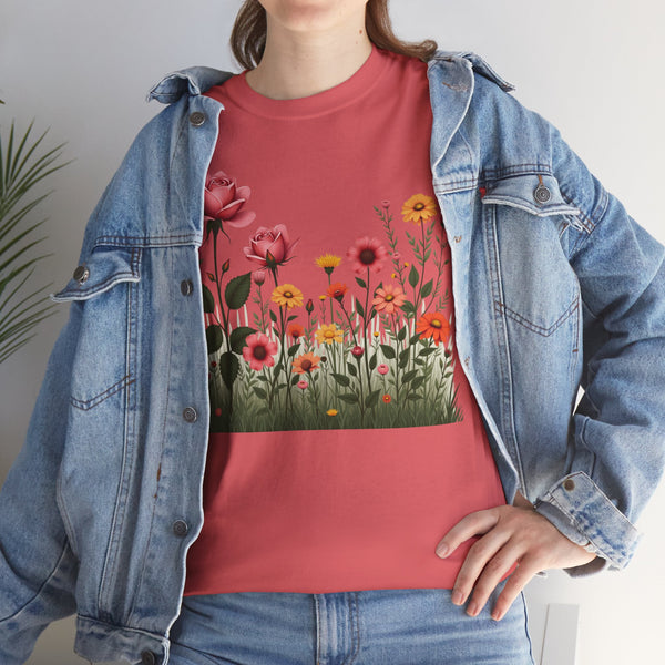 Wildflowers and Pink Roses, Graphic T-Shirts for Women, Floral Shirt, Womens Short Sleeve, Ladies Graphic Tees #5020TTS