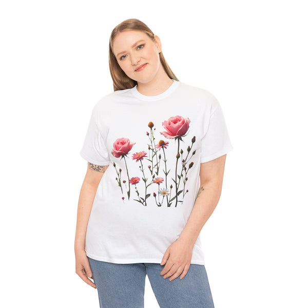 Wildflowers and Pink Roses, Graphic T-Shirts for Women, Floral Shirt, Womens Short Sleeve, Ladies Graphic Tees #5018TTS