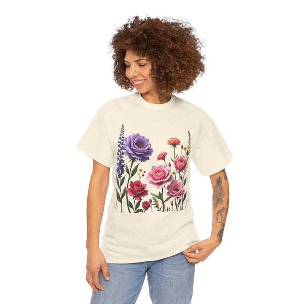Wildflowers and Pink/Violet Roses, Graphic T-Shirts for Women, Floral Shirt, Womens Short Sleeve, Ladies Graphic Tees #5100TTS