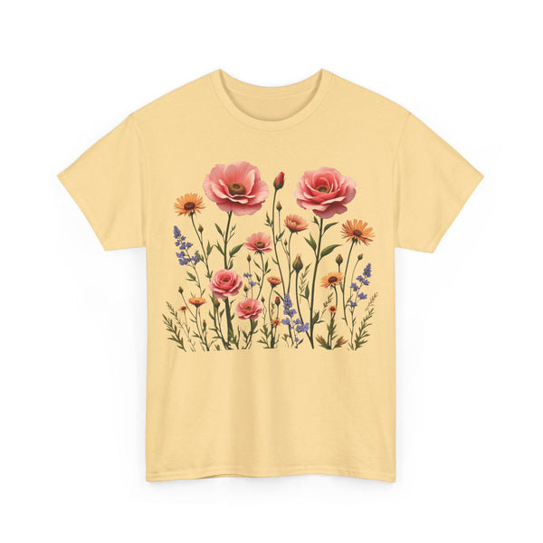 Wildflowers and Pink Roses, Graphic T-Shirts for Women, Floral Shirt, Womens Short Sleeve, Ladies Graphic Tees #5015TTS