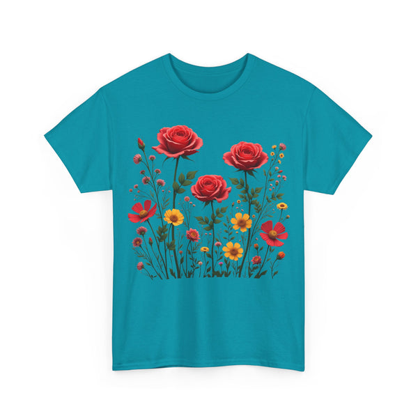 Wildflowers and Red Roses, Graphic T-Shirts for Women, Floral Shirt, Womens Short Sleeve, Ladies Graphic Tees #5034TTS