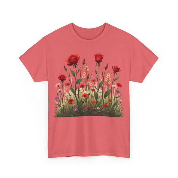 Wildflowers and Red Roses, Graphic T-Shirts for Women, Floral Shirt, Womens Short Sleeve, Ladies Graphic Tees #5032TTS
