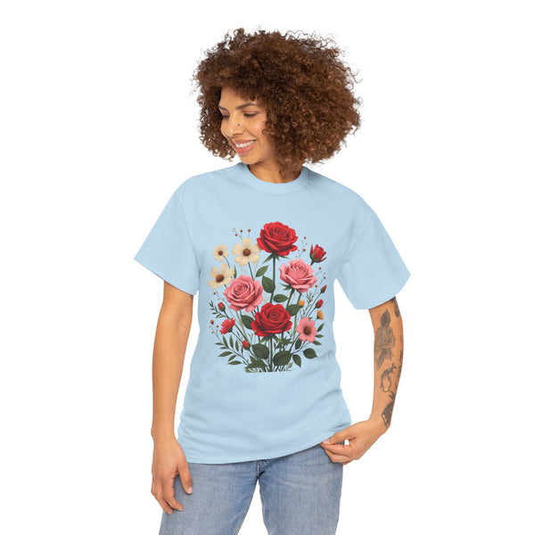 Wildflowers and Pink & Red Roses, Graphic T-Shirts for Women, Floral Shirt, Womens Short Sleeve, Ladies Graphic Tees #5134TTS