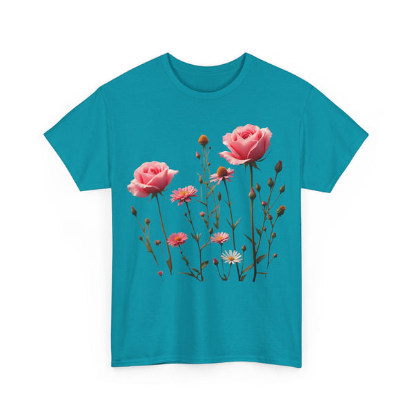 Wildflowers and Pink Roses, Graphic T-Shirts for Women, Floral Shirt, Womens Short Sleeve, Ladies Graphic Tees #5018TTS