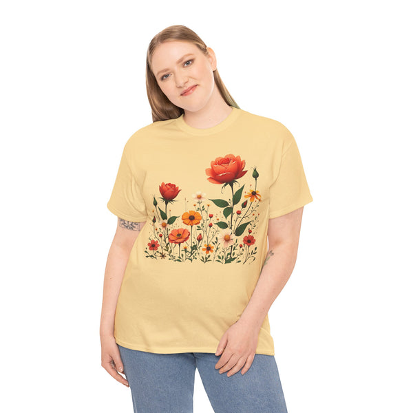 Wildflowers and Orange Roses, Graphic T-Shirts for Women, Floral Shirt, Womens Short Sleeve, Ladies Graphic Tees #5043TTS