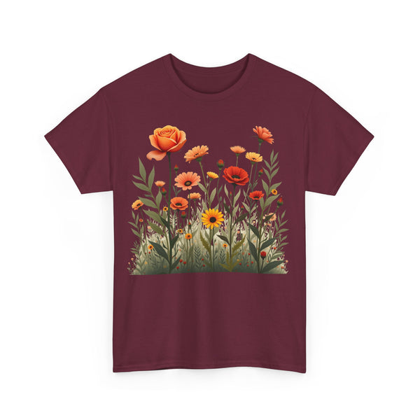 Wildflowers and Orange Roses, Graphic T-Shirts for Women, Floral Shirt, Womens Short Sleeve, Ladies Graphic Tees #5045TTS