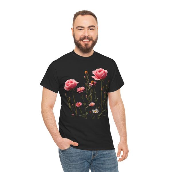 Wildflowers and Pink Roses, Graphic T-Shirts for Women, Floral Shirt, Womens Short Sleeve, Ladies Graphic Tees #5018TTS