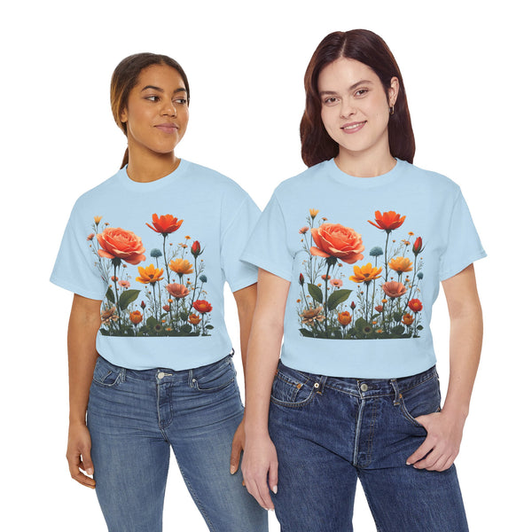 Wildflowers and Orange Roses, Graphic T-Shirts for Women, Floral Shirt, Womens Short Sleeve, Ladies Graphic Tees #5044TTS