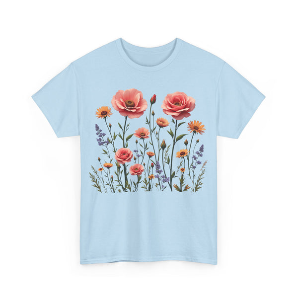 Wildflowers and Pink Roses, Graphic T-Shirts for Women, Floral Shirt, Womens Short Sleeve, Ladies Graphic Tees #5015TTS