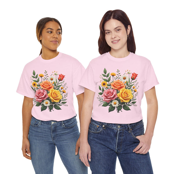 Wildflowers and Pink & Yellow Roses, Graphic T-Shirts for Women, Floral Shirt, Womens Short Sleeve, Ladies Graphic Tees #5144TTS
