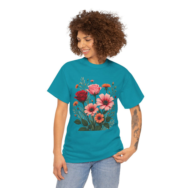 Wildflowers and Pink & Red Roses, Graphic T-Shirts for Women, Floral Shirt, Womens Short Sleeve, Ladies Graphic Tees #5133TTS