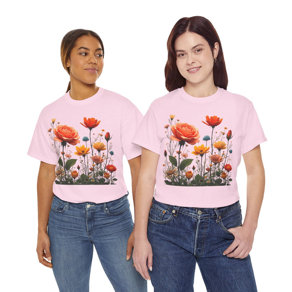 Wildflowers and Orange Roses, Graphic T-Shirts for Women, Floral Shirt, Womens Short Sleeve, Ladies Graphic Tees #5044TTS