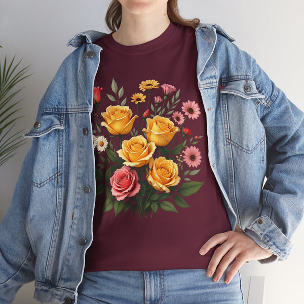 Wildflowers and Pink & Yellow Roses, Graphic T-Shirts for Women, Floral Shirt, Womens Short Sleeve, Ladies Graphic Tees #5137TTS