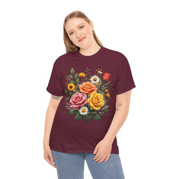 Wildflowers and Pink & Yellow Roses, Graphic T-Shirts for Women, Floral Shirt, Womens Short Sleeve, Ladies Graphic Tees #5144TTS
