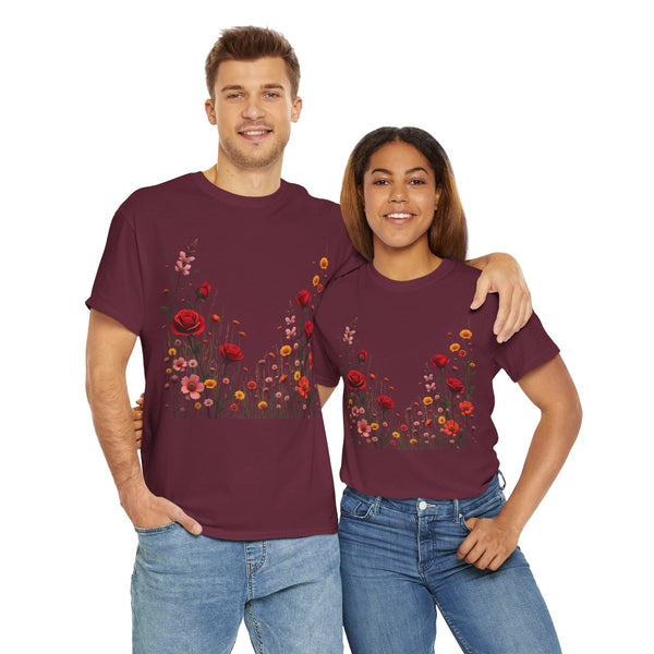 Wildflowers and Red Roses, Graphic T-Shirts for Women, Floral Shirt, Womens Short Sleeve, Ladies Graphic Tees #5033TTS
