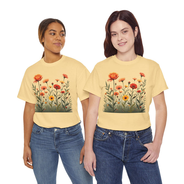 Wildflowers and Orange Roses, Graphic T-Shirts for Women, Floral Shirt, Womens Short Sleeve, Ladies Graphic Tees #5045TTS