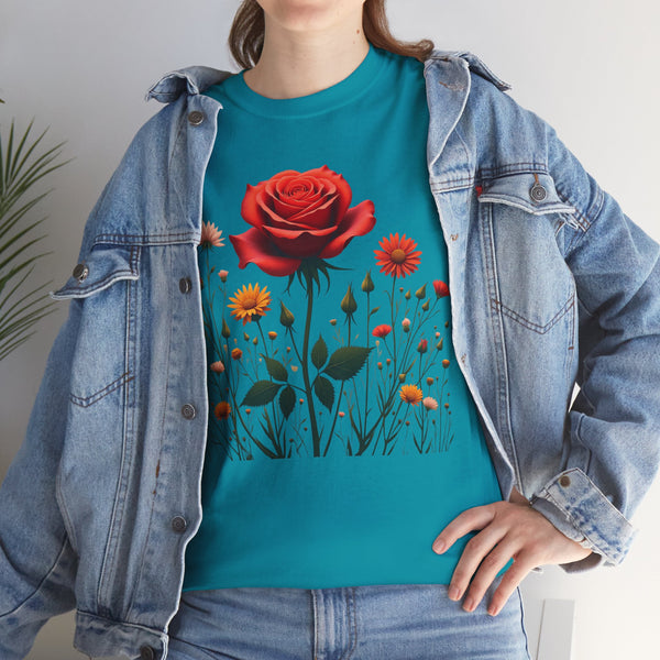 Wildflowers and a Red Rose, Graphic T-Shirts for Women, Floral Shirt, Womens Short Sleeve, Ladies Graphic Tees #5007TTS