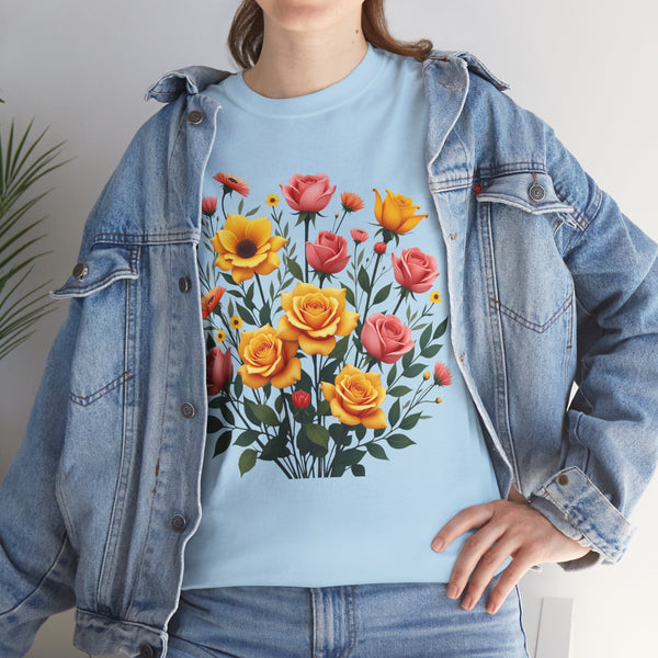 Wildflowers and Pink & Yellow Roses, Graphic T-Shirts for Women, Floral Shirt, Womens Short Sleeve, Ladies Graphic Tees #5139TTS