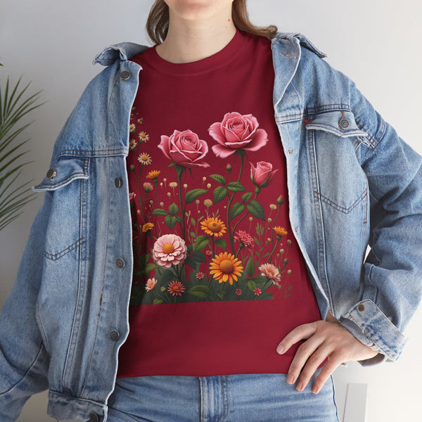 Wildflowers and Pink Roses, Graphic T-Shirts for Women, Floral Shirt, Womens Short Sleeve, Ladies Graphic Tees #5013TTS