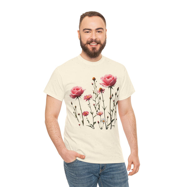 Wildflowers and Pink Roses, Graphic T-Shirts for Women, Floral Shirt, Womens Short Sleeve, Ladies Graphic Tees #5018TTS