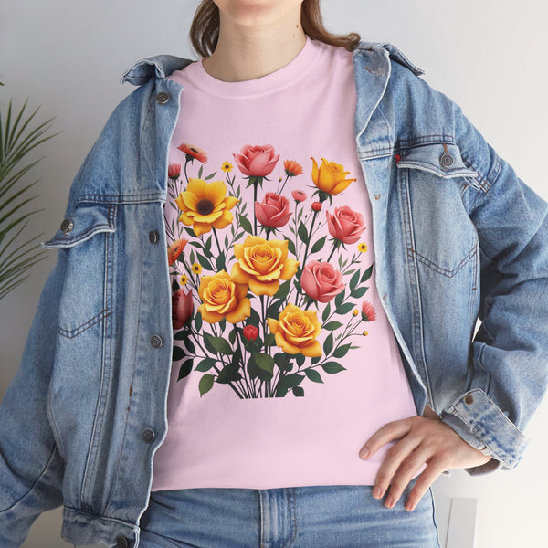 Wildflowers and Pink & Yellow Roses, Graphic T-Shirts for Women, Floral Shirt, Womens Short Sleeve, Ladies Graphic Tees #5139TTS