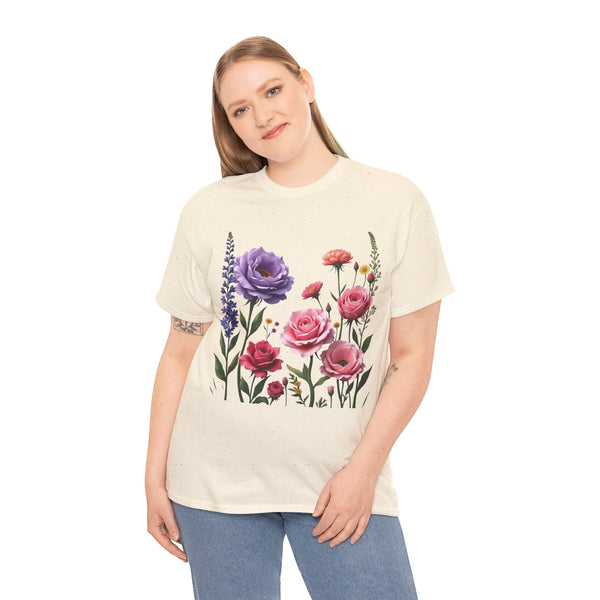 Wildflowers and Pink/Violet Roses, Graphic T-Shirts for Women, Floral Shirt, Womens Short Sleeve, Ladies Graphic Tees #5100TTS