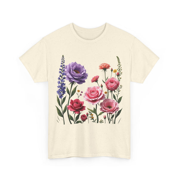 Wildflowers and Pink/Violet Roses, Graphic T-Shirts for Women, Floral Shirt, Womens Short Sleeve, Ladies Graphic Tees #5100TTS