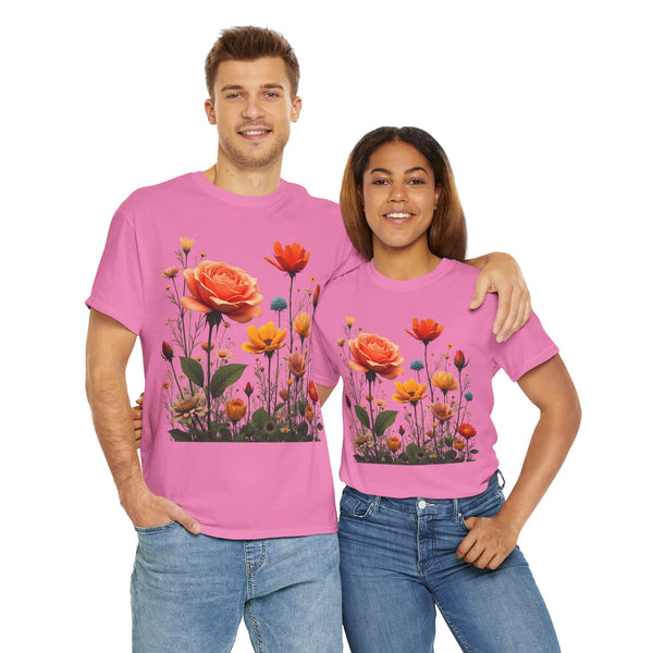 Wildflowers and Orange Roses, Graphic T-Shirts for Women, Floral Shirt, Womens Short Sleeve, Ladies Graphic Tees #5044TTS
