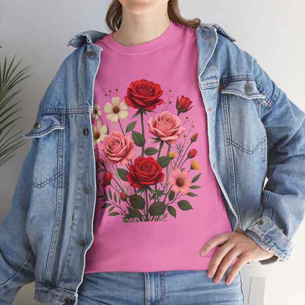 Wildflowers and Pink & Red Roses, Graphic T-Shirts for Women, Floral Shirt, Womens Short Sleeve, Ladies Graphic Tees #5134TTS