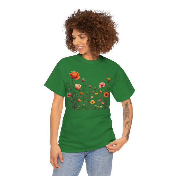 Wildflowers and Orange Roses, Graphic T-Shirts for Women, Floral Shirt, Womens Short Sleeve, Ladies Graphic Tees #5042TTS