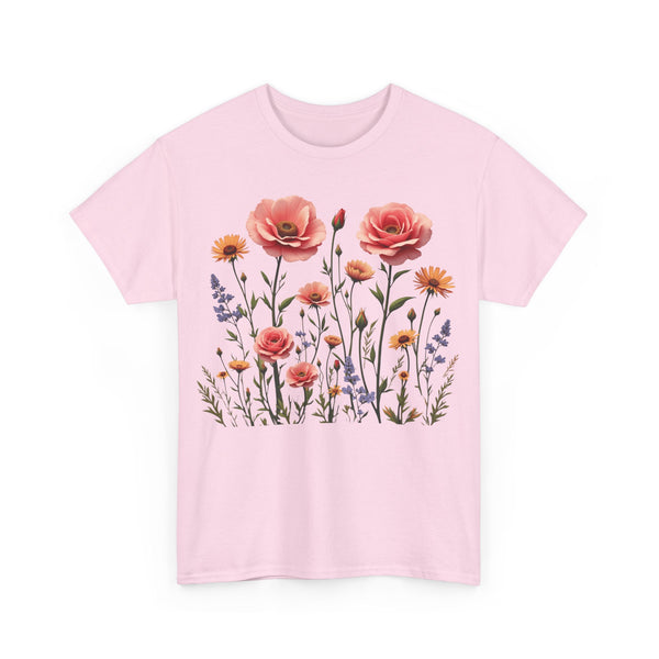 Wildflowers and Pink Roses, Graphic T-Shirts for Women, Floral Shirt, Womens Short Sleeve, Ladies Graphic Tees #5015TTS