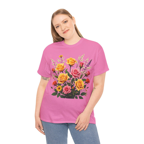 Wildflowers and Pink & Yellow Roses, Graphic T-Shirts for Women, Floral Shirt, Womens Short Sleeve, Ladies Graphic Tees #5142TTS