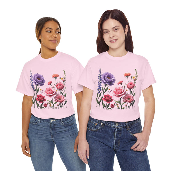 Wildflowers and Pink/Violet Roses, Graphic T-Shirts for Women, Floral Shirt, Womens Short Sleeve, Ladies Graphic Tees #5100TTS