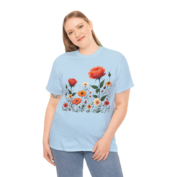 Wildflowers and Orange Roses, Graphic T-Shirts for Women, Floral Shirt, Womens Short Sleeve, Ladies Graphic Tees #5043TTS