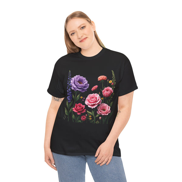 Wildflowers and Pink/Violet Roses, Graphic T-Shirts for Women, Floral Shirt, Womens Short Sleeve, Ladies Graphic Tees #5100TTS
