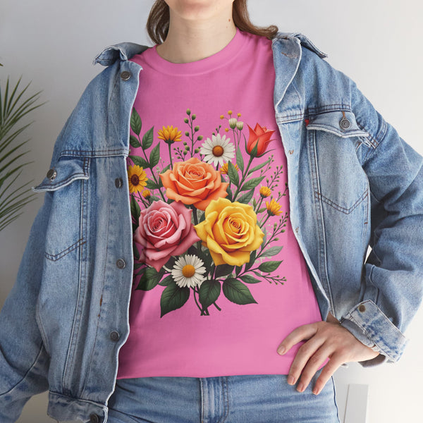 Wildflowers and Pink & Yellow Roses, Graphic T-Shirts for Women, Floral Shirt, Womens Short Sleeve, Ladies Graphic Tees #5144TTS