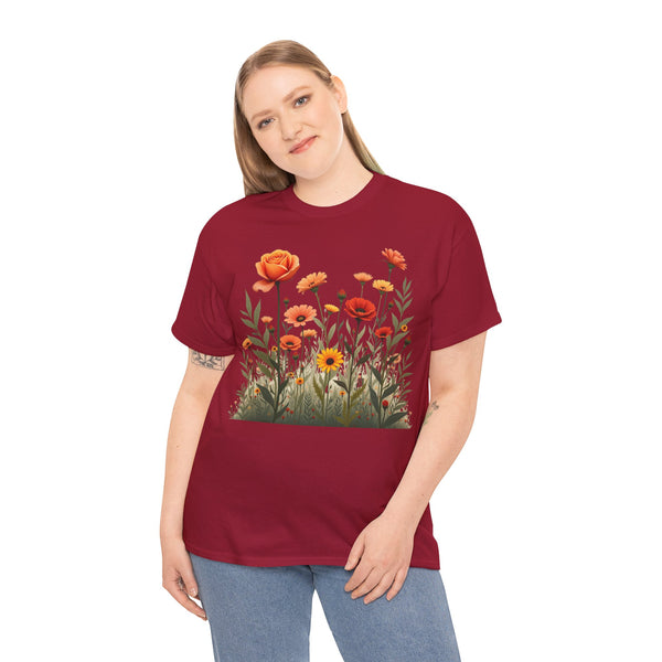 Wildflowers and Orange Roses, Graphic T-Shirts for Women, Floral Shirt, Womens Short Sleeve, Ladies Graphic Tees #5045TTS